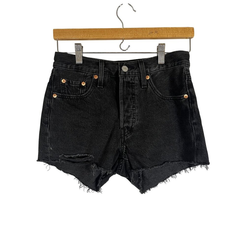 Levi Denim Jean Shorts 25" Black Frayed Distressed Festival Concert Western 501